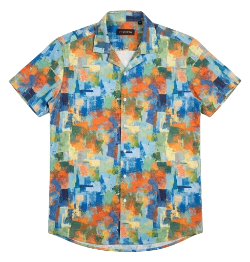 Short-sleeved button-up shirt with abstract colorful paint-splatter pattern.